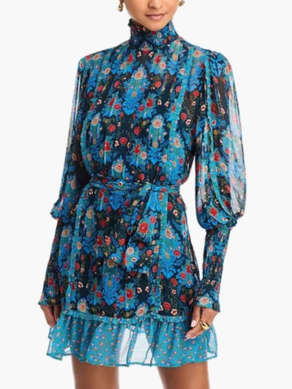 Farm Rio Arabesque Blue Floral High NeckMini Dress Smocked Belted